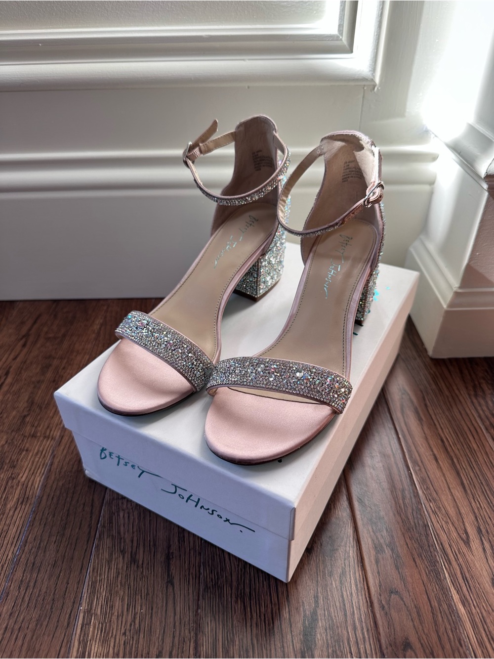 Betsey Johnson Mari Champagne Jeweled Ankle-Strap Block Heel Sandals